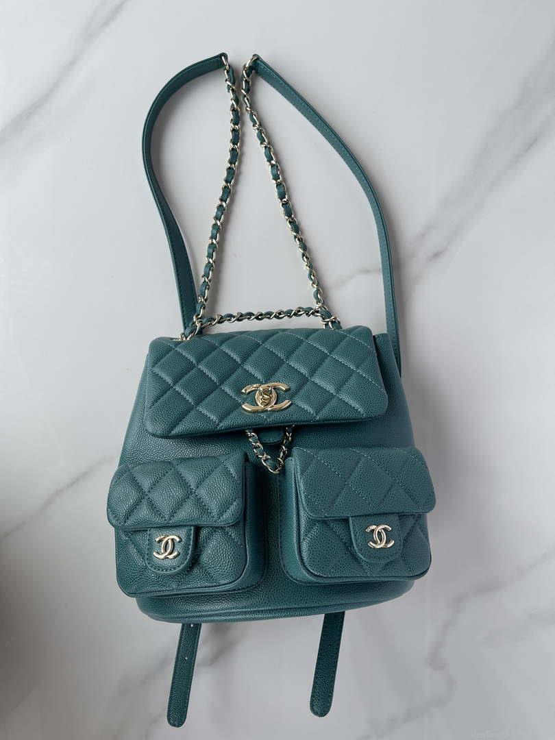 Chanel AS3787 Small Backpack Grained Shiny Calfskin & Gold-Tone Metal Green