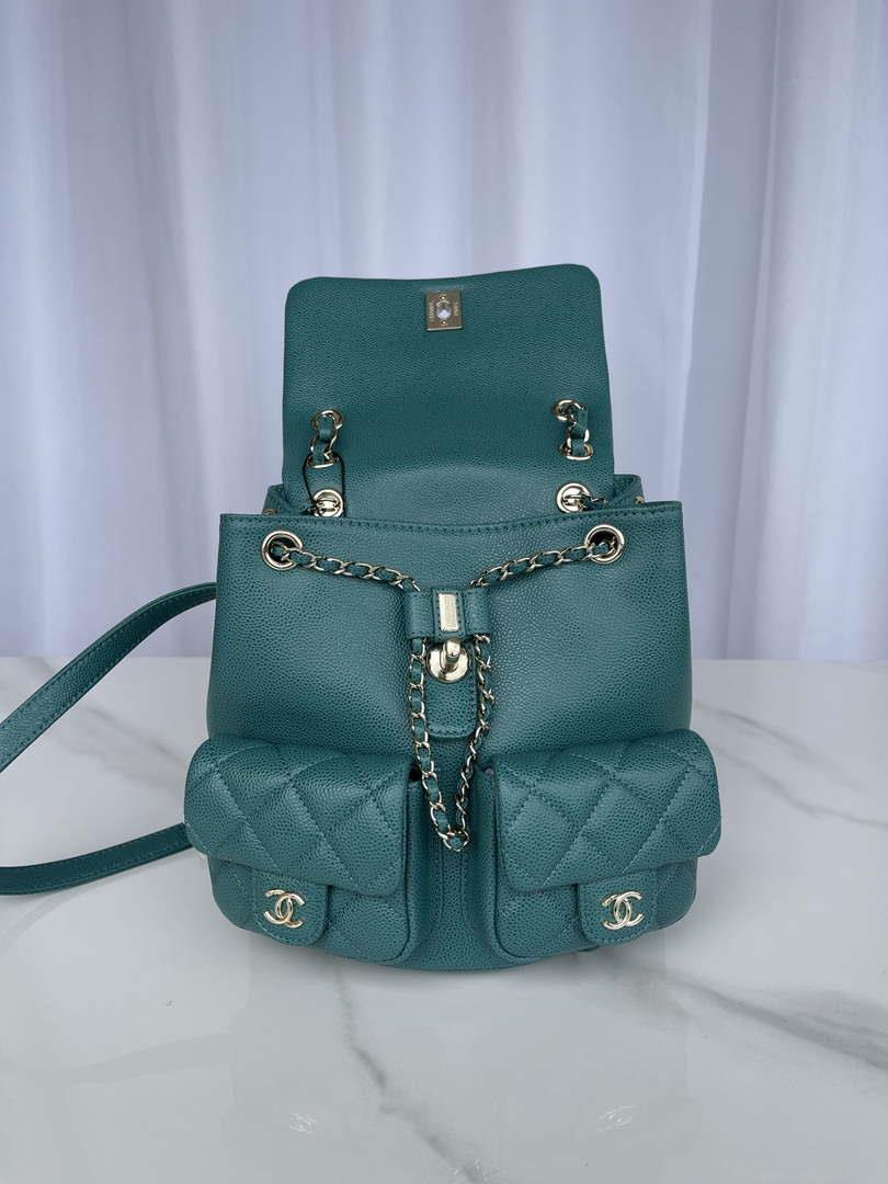 Chanel AS3787 Small Backpack Grained Shiny Calfskin & Gold-Tone Metal Green