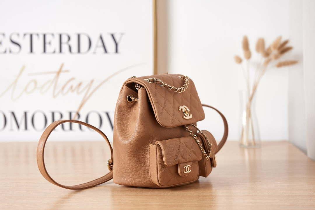 Chanel AS3860 Backpack Grained Shiny Calfskin & Gold-Tone Metal Brown