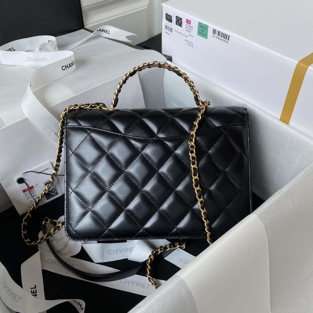 Chanel AS3908 CC Small Flap Bag With Top Handle Shiny Calfskin Black Gold