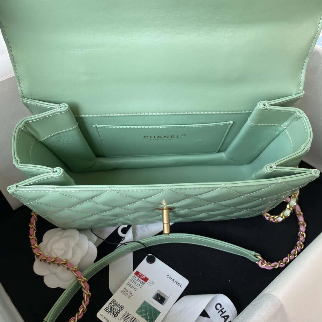 Chanel AS3908 CC Small Flap Bag With Top Handle Shiny Calfskin Green Gold