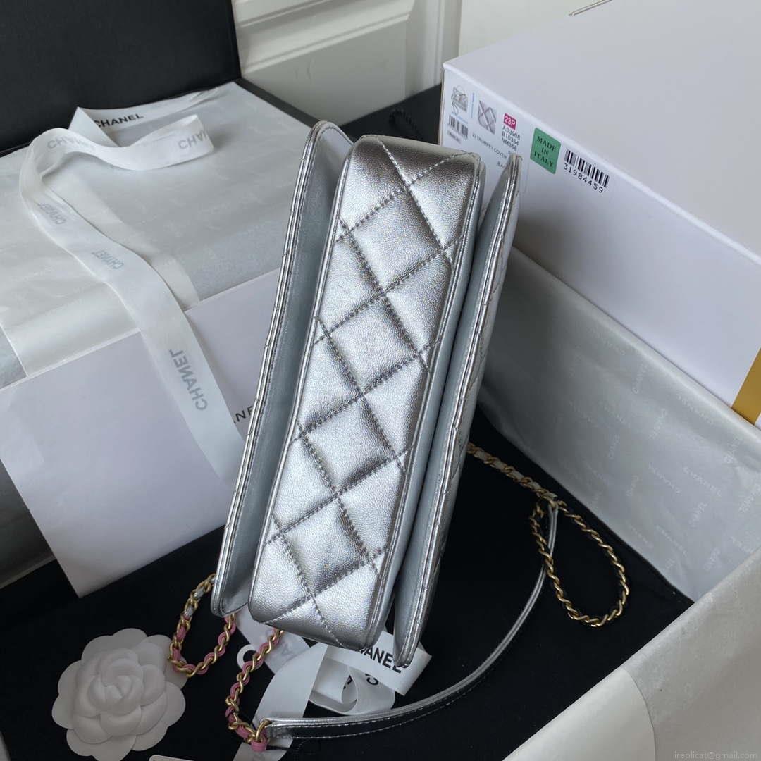 Chanel AS3908 CC Small Flap Bag With Top Handle Shiny Silver Calfskin Gold