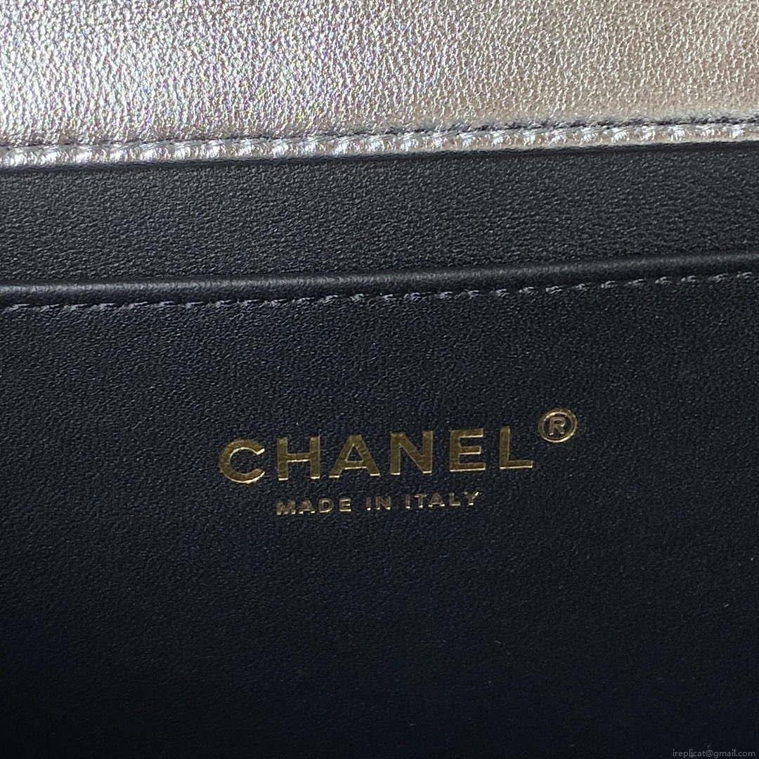 Chanel AS3908 CC Small Flap Bag With Top Handle Shiny Silver Calfskin Gold
