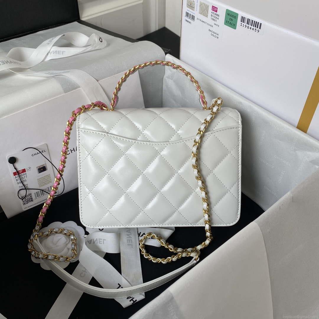 Chanel AS3886 Mini Flap Bag With Top Handle Shiny Calfskin White Gold