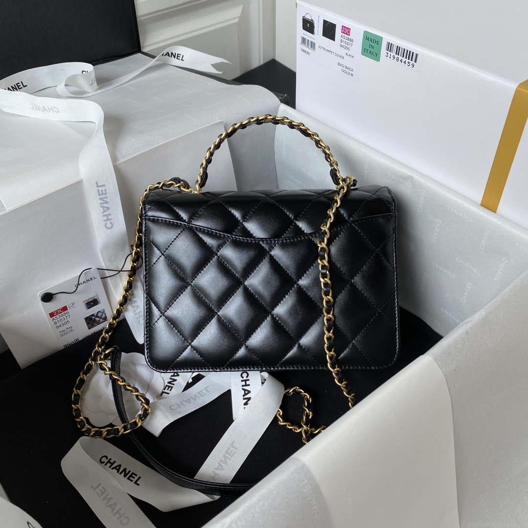 Chanel AS3886 Mini Flap Bag With Top Handle Shiny Calfskin Black Gold