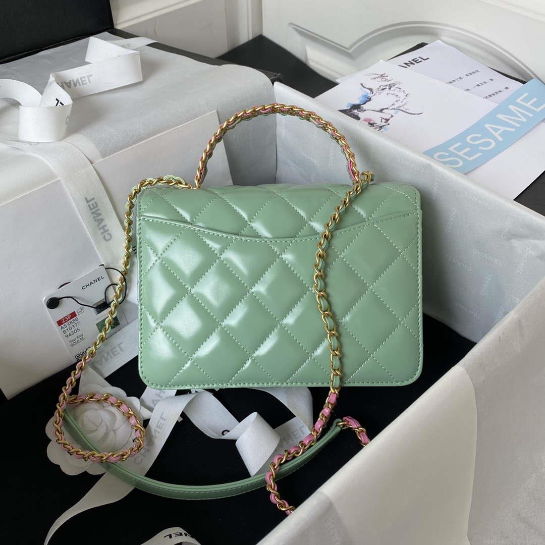 Chanel AS3886 Mini Flap Bag With Top Handle Shiny Calfskin Green Gold