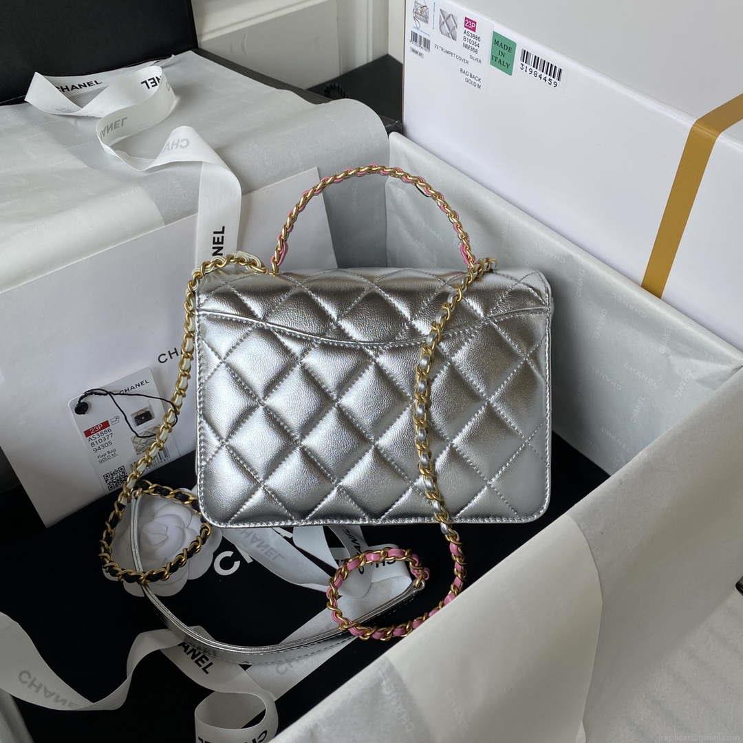 Chanel AS3886 Mini Flap Bag With Top Handle Shiny Silver Calfskin Gold