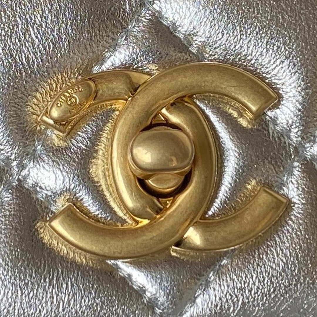 Chanel AS3886 Mini Flap Bag With Top Handle Shiny Silver Calfskin Gold