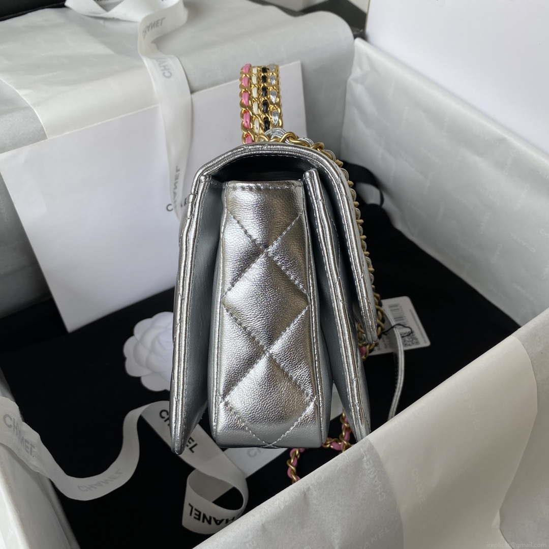 Chanel AS3886 Mini Flap Bag With Top Handle Shiny Silver Calfskin Gold