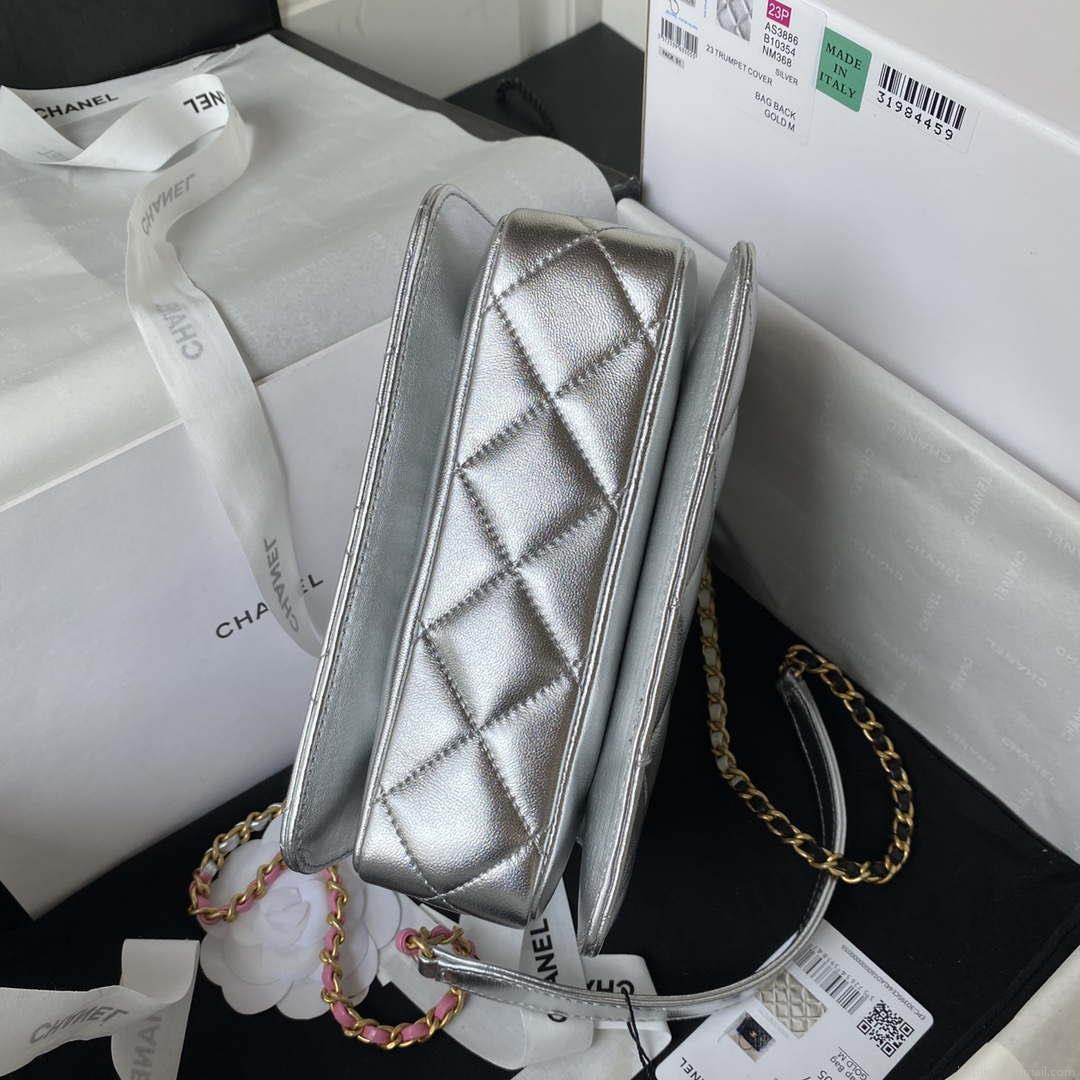 Chanel AS3886 Mini Flap Bag With Top Handle Shiny Silver Calfskin Gold