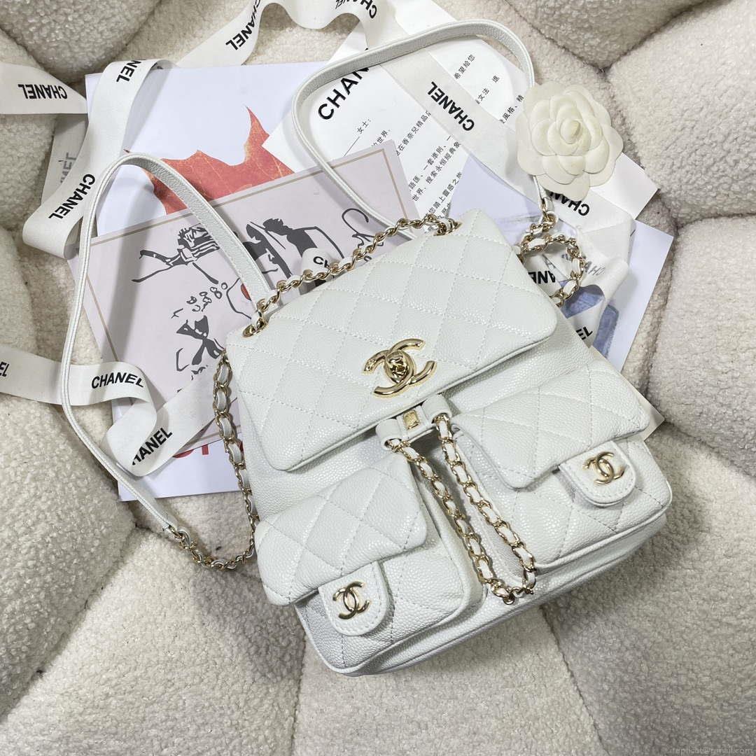 Chanel AS3860 Backpack Grained Shiny Calfskin & Gold-Tone Metal White