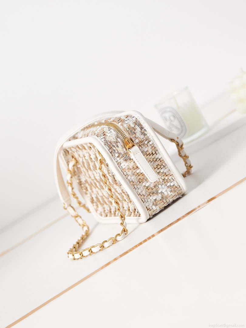 Chanel AS3768 Small Camera Case Lambskin Viscose Weaving White Gold & Beige
