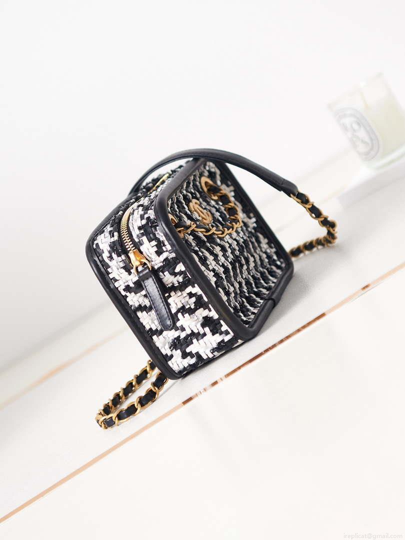 Chanel AS3768 Small Camera Case Lambskin Viscose Weaving White & Black