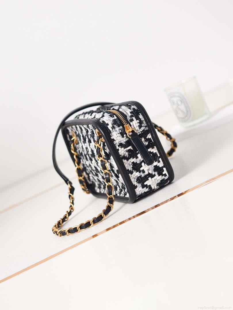 Chanel AS3768 Small Camera Case Lambskin Viscose Weaving White & Black