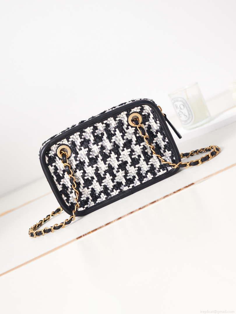 Chanel AS3768 Small Camera Case Lambskin Viscose Weaving White & Black