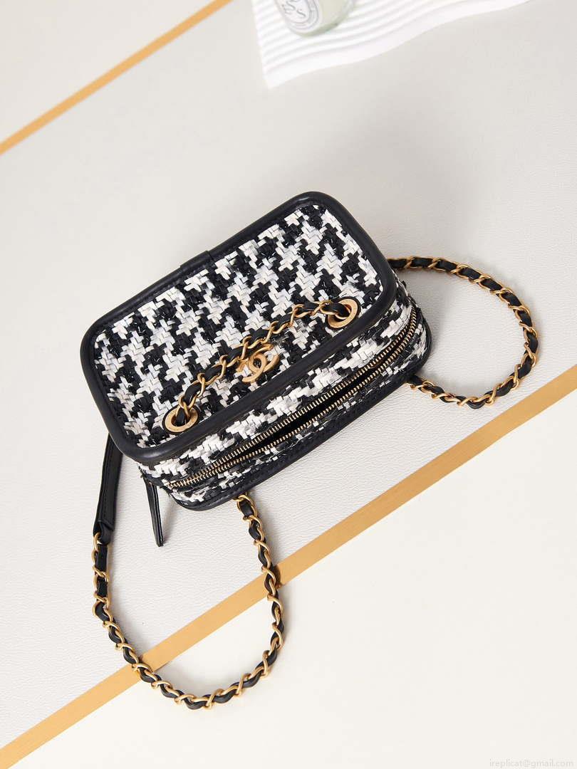 Chanel AS3768 Small Camera Case Lambskin Viscose Weaving White & Black