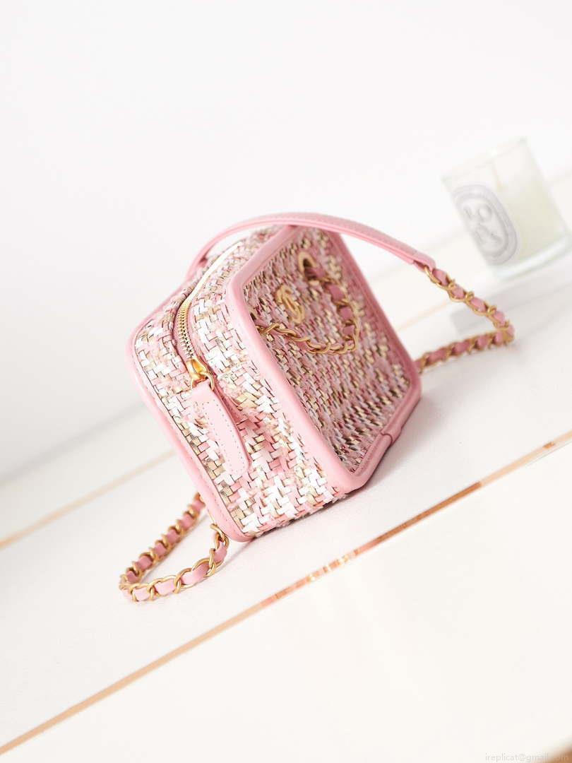 Chanel AS3768 Small Camera Case Lambskin Viscose Weaving Pink & White Gold