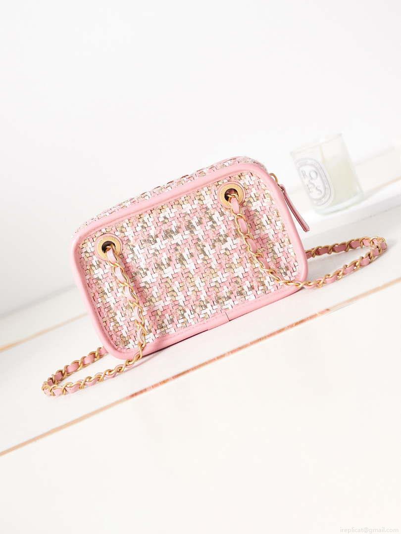 Chanel AS3768 Small Camera Case Lambskin Viscose Weaving Pink & White Gold