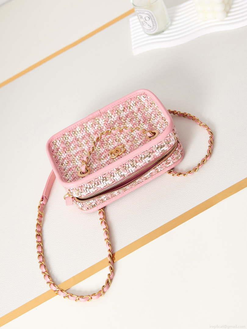 Chanel AS3768 Small Camera Case Lambskin Viscose Weaving Pink & White Gold