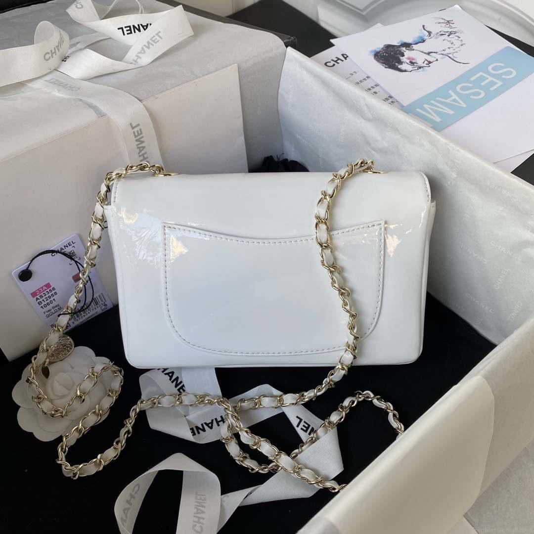 Chanel AS3356 Flap 23FW Patent leather Camellia White