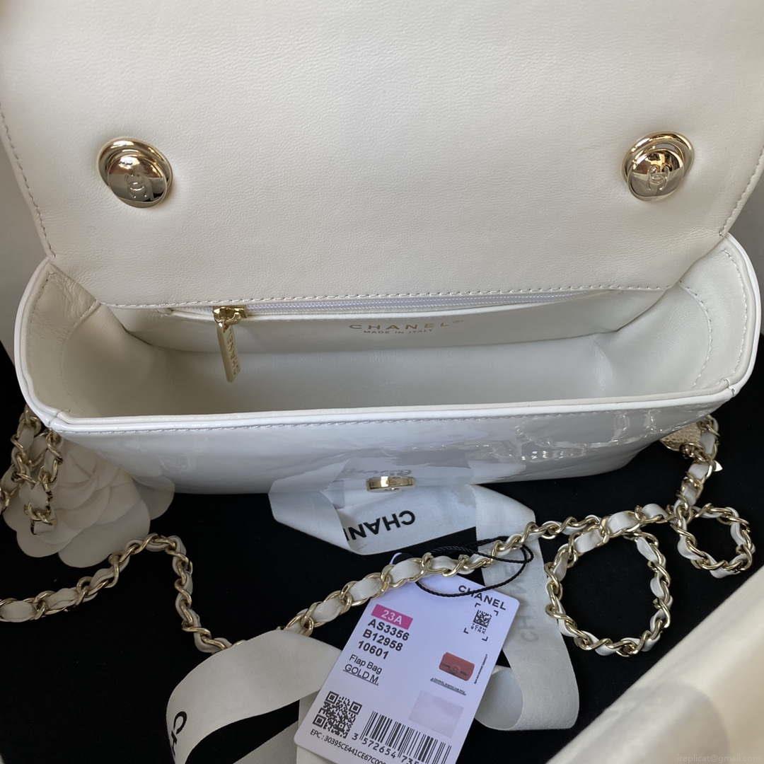 Chanel AS3356 Flap 23FW Patent leather Camellia White