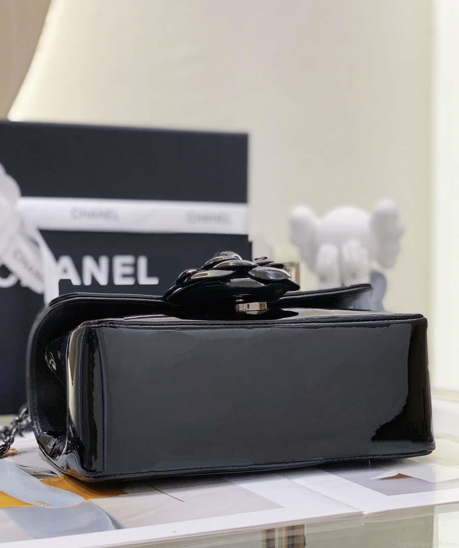 Chanel AS3356 Mini Flap 18cm Patent leather Camellia Black