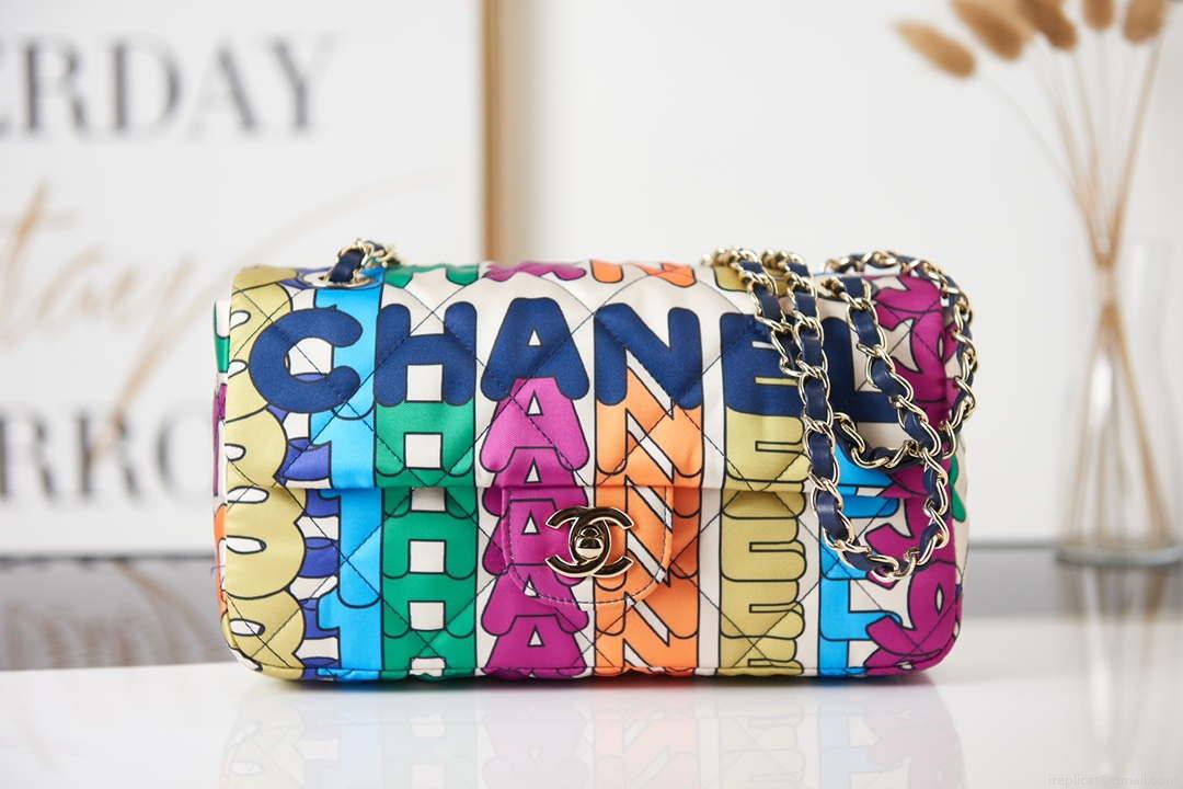 Chanel Flap Bag Printed Fabric Gold Tone Metal AS2897 Multicolor