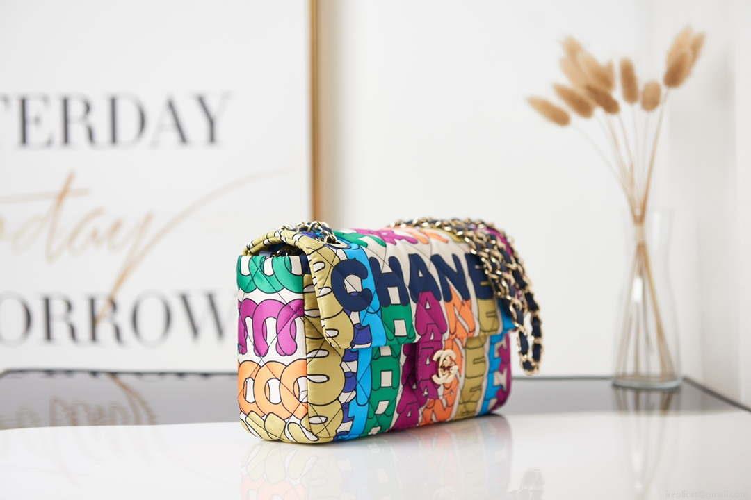 Chanel Flap Bag Printed Fabric Gold Tone Metal AS2897 Multicolor