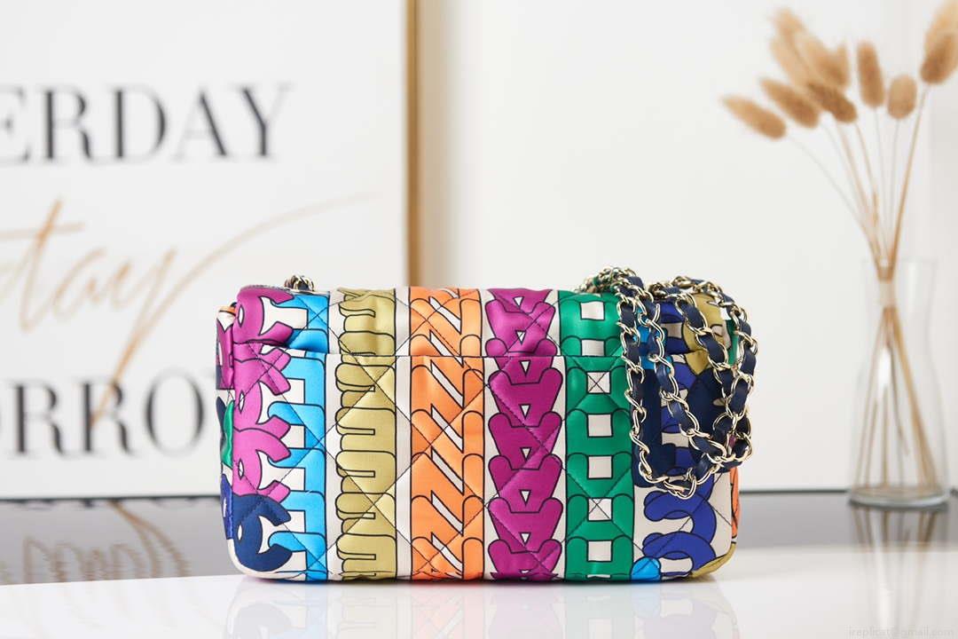 Chanel Flap Bag Printed Fabric Gold Tone Metal AS2897 Multicolor