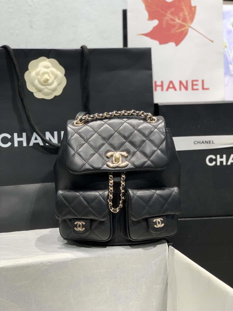 Chanel AS3860 Backpack Shiny Lambskin Gold Black