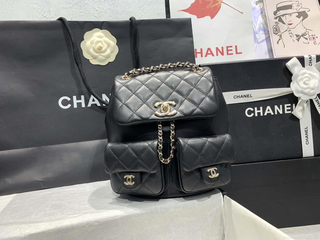 Chanel AS3860 Backpack Shiny Lambskin Gold Black
