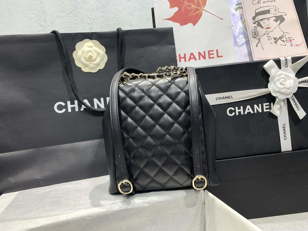 Chanel AS3860 Backpack Shiny Lambskin Gold Black