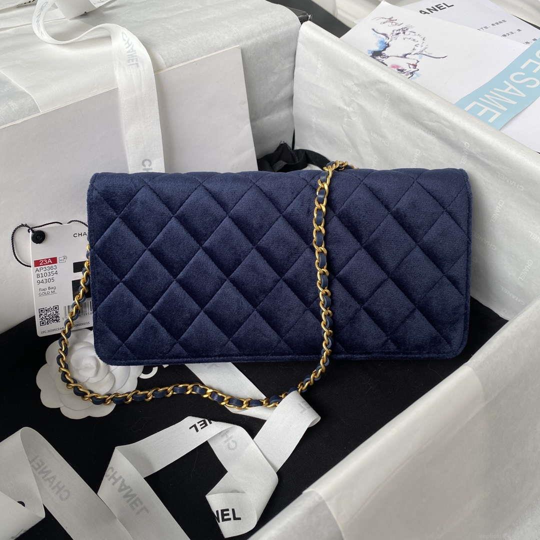 Chanel AP3363 Flap Baguette Bag Velvet Navy Blue