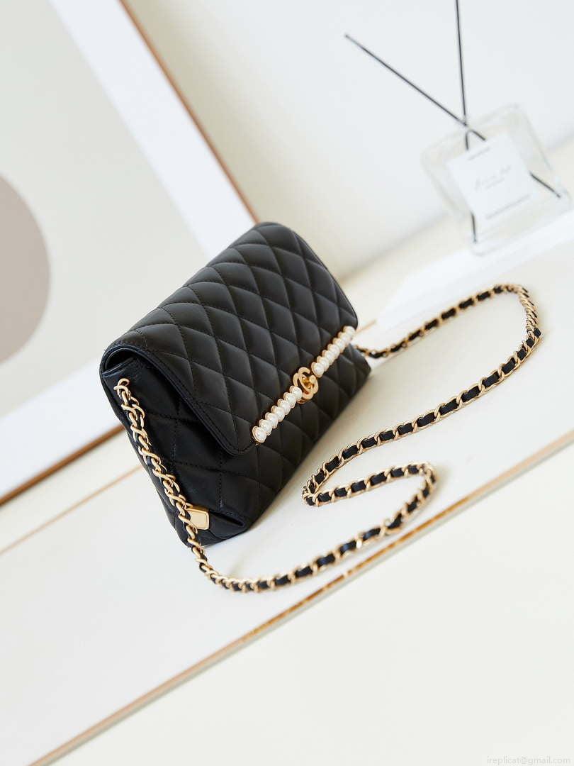 Chanel 23K AS4452 Flap Bag Lambskin With Pearl & Metal Chain Black