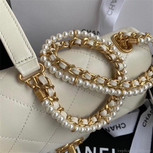 Chanel AS2210 Flap Bag With Crystal Pearls Chain Calfskin White