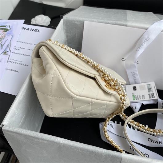 Chanel AS2210 Flap Bag With Crystal Pearls Chain Calfskin White