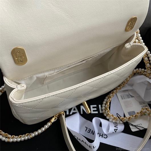 Chanel AS2210 Flap Bag With Crystal Pearls Chain Calfskin White