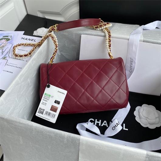 Chanel AS2210 Flap Bag With Crystal Pearls Chain Calfskin Wine Red
