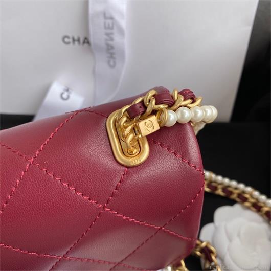 Chanel AS2210 Flap Bag With Crystal Pearls Chain Calfskin Wine Red