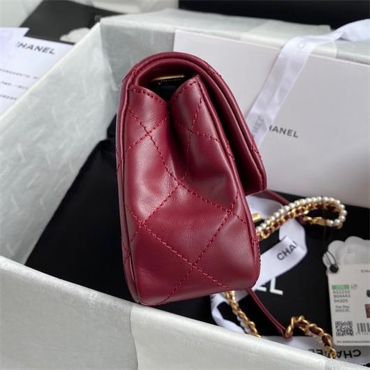 Chanel AS2210 Flap Bag With Crystal Pearls Chain Calfskin Wine Red
