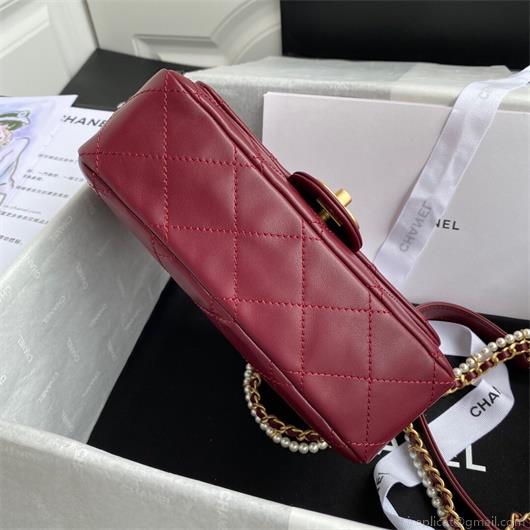 Chanel AS2210 Flap Bag With Crystal Pearls Chain Calfskin Wine Red