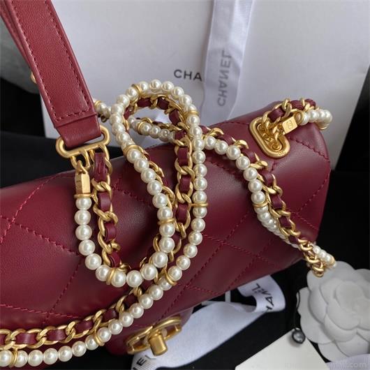 Chanel AS2210 Flap Bag With Crystal Pearls Chain Calfskin Wine Red