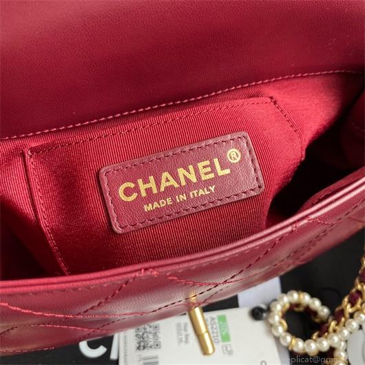 Chanel AS2210 Flap Bag With Crystal Pearls Chain Calfskin Wine Red