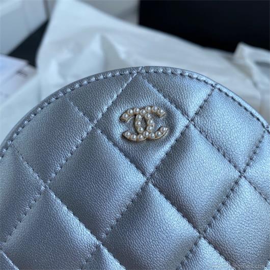 Chanel AS1898 Small Round Bag shiny B03446 Lambskin Silver