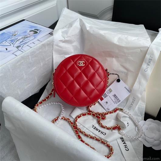 Chanel AS1898 Small Round Bag Shiny B03446 Lambskin Red