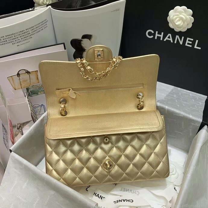 Chanel A01112 CF Quilted Classic Flap Bag in Grainy Lambskin Gold