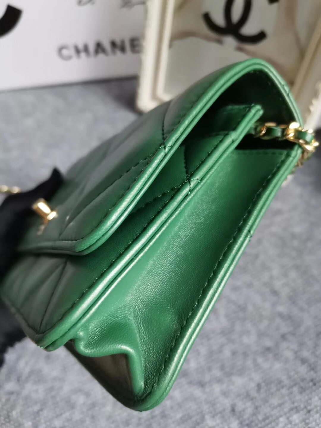Chanel A80982 Lambskin Wallet On Chain With Gold Green