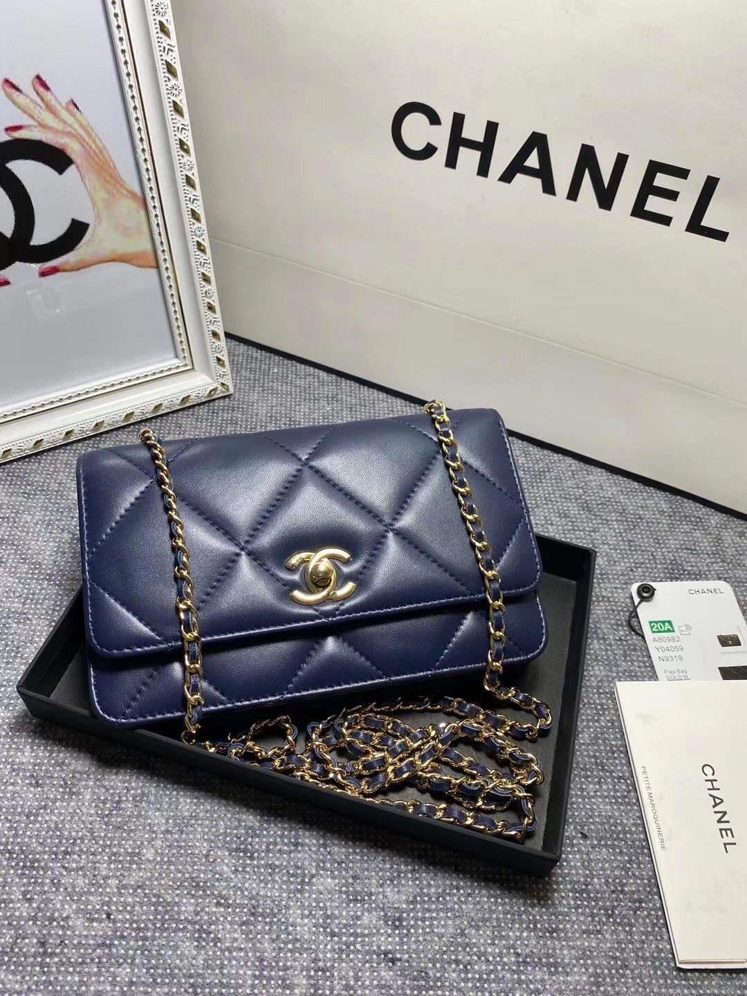 Chanel A80982 Lambskin Wallet On Chain With Gold Navy Blue