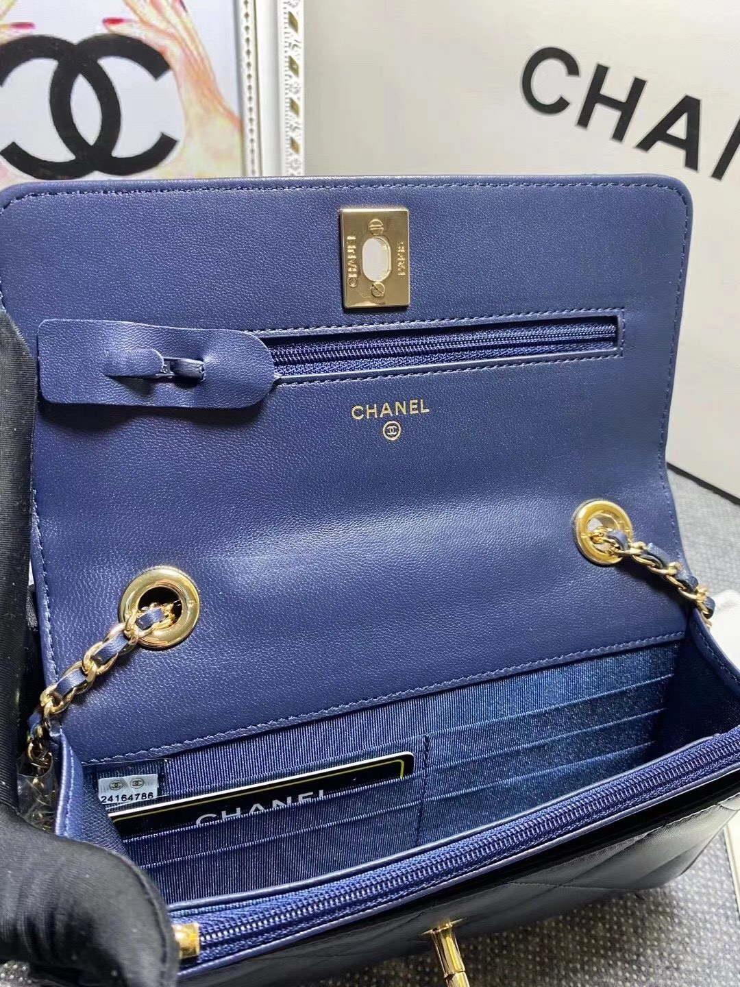 Chanel A80982 Lambskin Wallet On Chain With Gold Navy Blue