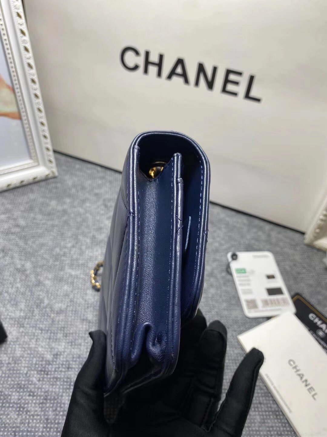 Chanel A80982 Lambskin Wallet On Chain With Gold Navy Blue